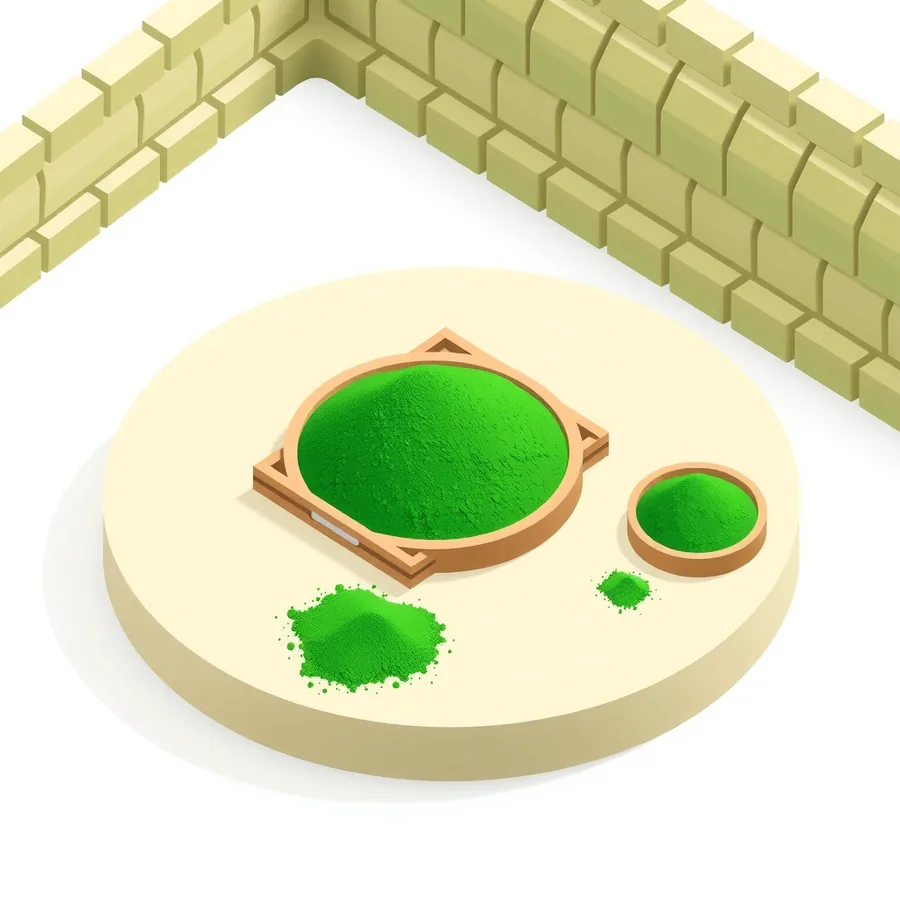 Isometric illustration on a large cream platform of one wide round wooden tray heaped high with green sand beside a much smaller round tray holding a shallow mound of the same green, with two loose scatters of green sand lying on the bare platform outside both trays and a wall of pale blocks behind