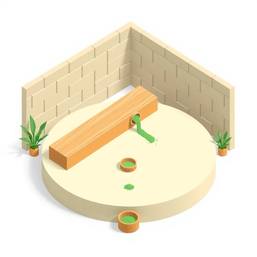 Isometric illustration on a large cream platform of a long sealed wooden beam with green sand escaping through a hole in its side and spilling onto the platform, loose green grains scattered nearby, and a small wooden dish of green sand sitting off to one side catching none of it