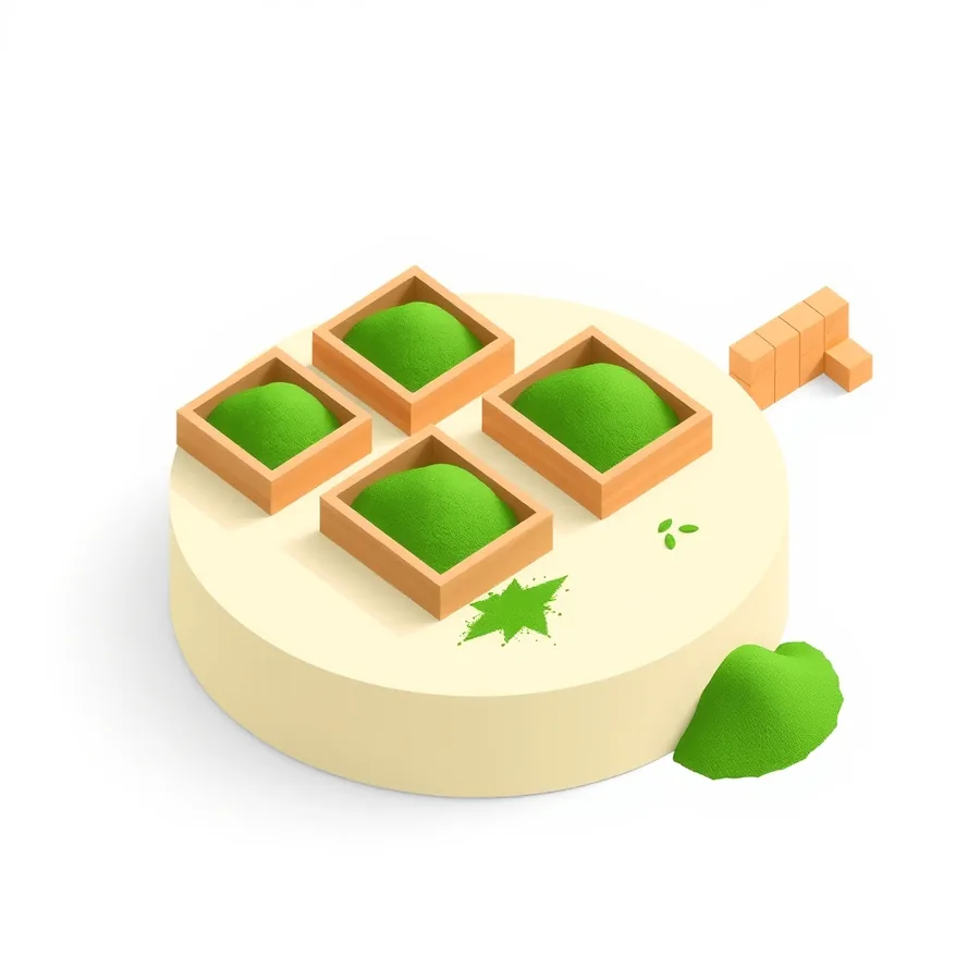 An isometric illustration on a large round cream platform showing four square wooden trays in a row, each heaped with green sand mounded above its rim and none of it flowing out, a small scatter of green on the platform surface, a large separate mound of green sand resting on the white surface outside the platform, and a short stack of wooden blocks behind