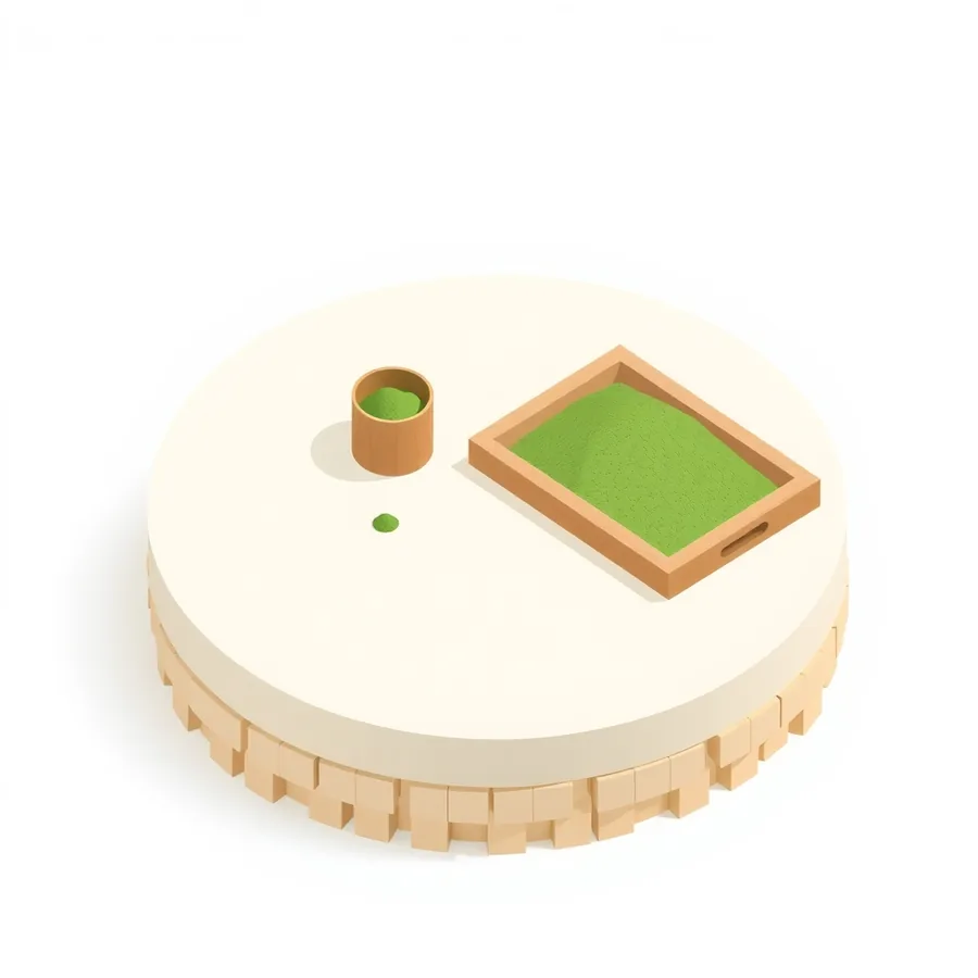 An isometric illustration on a large round cream platform showing a small round wooden cup filled to its rim with green sand beside a much larger rectangular wooden tray heaped with the same green sand, a single small dot of green sand on the platform between them, and a ring of wooden blocks around the platform edge