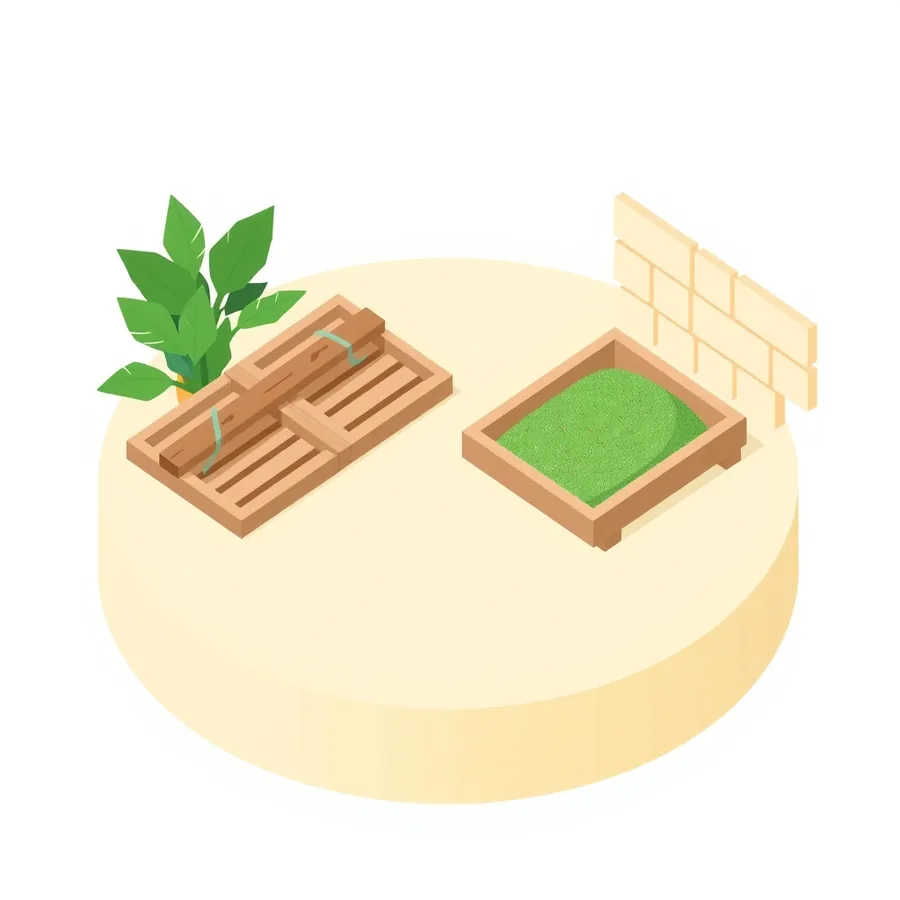 Isometric illustration on a large cream platform of two low wooden trays side by side, the left one boarded over with planks nailed across its top so nothing can be put in it and only two slivers of green caught between the slats, the right one open and heaped with green sand, with a short pale block wall behind