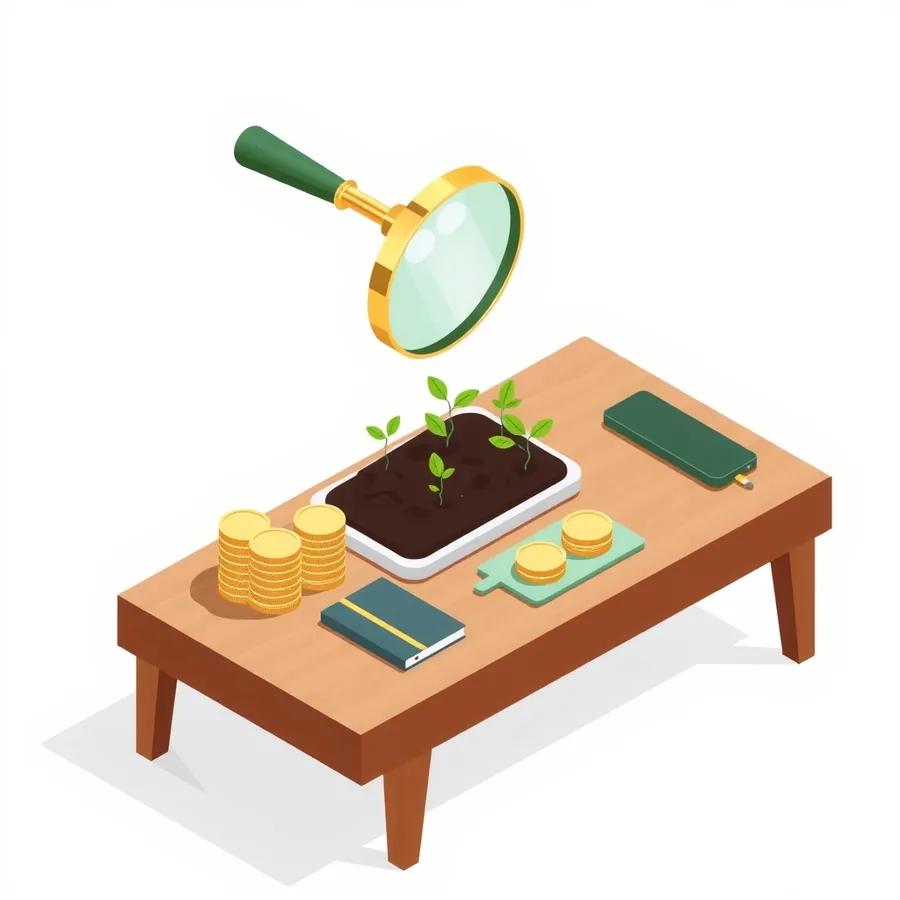 An isometric illustration of a magnifying glass hovering above a tray of green seedlings sprouting from soil, beside stacks of gold coins on a wooden desk