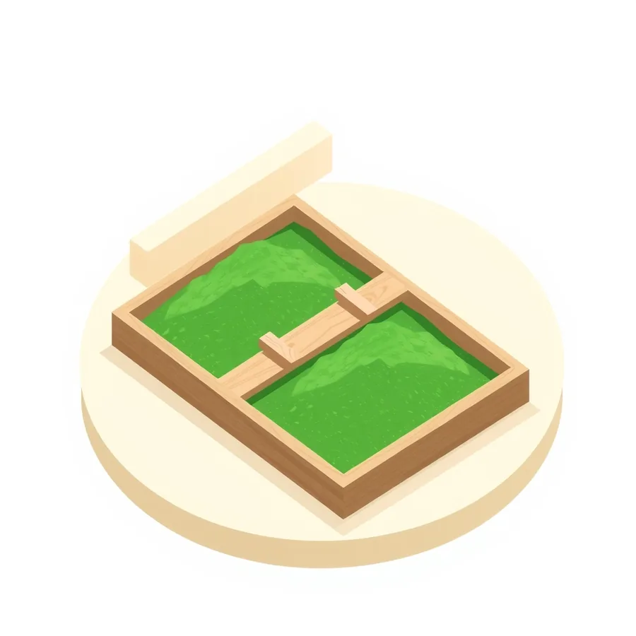 An isometric illustration on a round cream platform showing a shallow rectangular wooden tray split into two compartments by a raised wooden rail running across its middle, each compartment holding a mound of textured green sand, with a plain wooden plank resting on the platform behind the tray