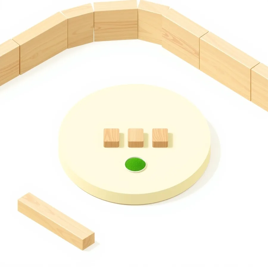 An isometric illustration on a large round cream platform showing three identical small wooden blocks standing in a row with a single shallow dish of green sand below them, a long low wall of wooden blocks curving across the background, and one loose wooden plank lying on the white surface outside the platform