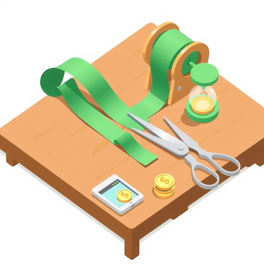 An isometric illustration of a long green ribbon unspooling from a wooden reel on a desk and being cut into short strips by scissors, beside an hourglass and a stack of gold coins