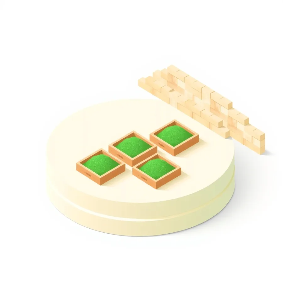 Isometric illustration on a large cream platform of four small wooden trays built to the same outward size, grouped together, each heaped with a mound of green sand of a slightly different height, with a low wall of wooden blocks behind them