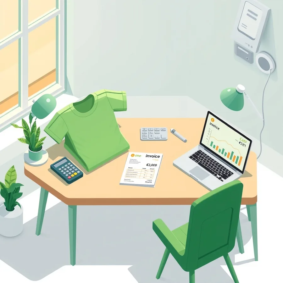 A workshop desk with two folded blank t-shirts, a calculator and an invoice, and a laptop showing a cost chart