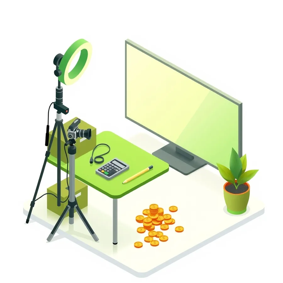An isometric illustration of a course creator desk with a ring light, a camera on a tripod, a calculator and a pile of coins