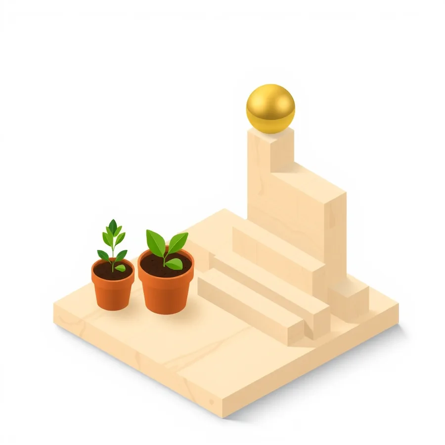 An isometric illustration on a pale wooden board: two small green seedlings in terracotta pots sit at ground level beside a staircase of plain wooden blocks that climbs steeply upward, with a smooth gold sphere resting on the tallest block